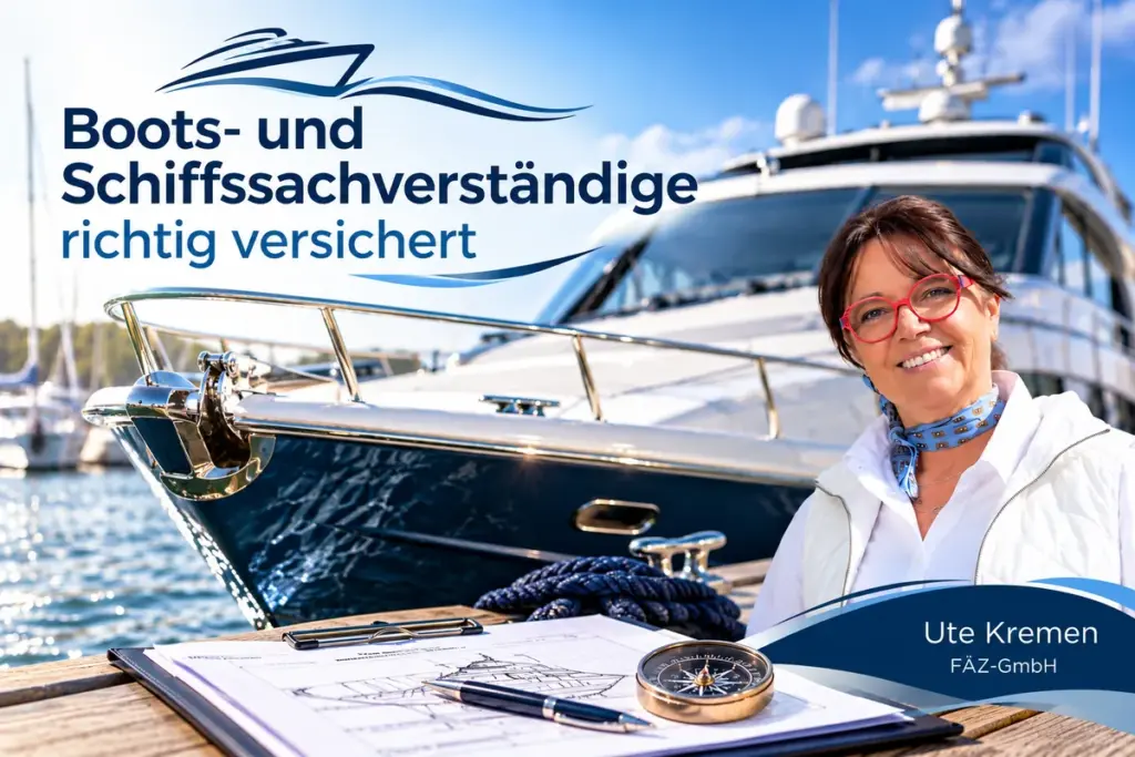 KI-generiertes Titelbild: Ute Kremen von der FÄZ GmbH vor einer Motoryacht im Hafen, davor ein Klemmbrett mit Bootszeichnung und ein Kompass